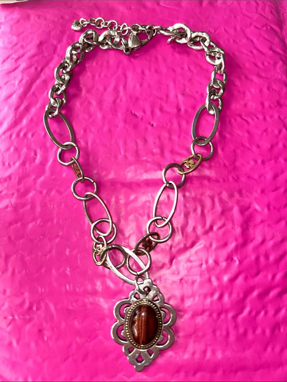 Brighton retired Oval Stone two tone chain necklace, filigree pendant